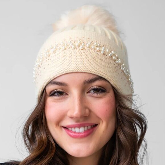 NWT New Adrienne Landau Pearl Trim Pom-Pom Knit Wool Blend Beanie Hat Ivory OS - Picture 2 of 9